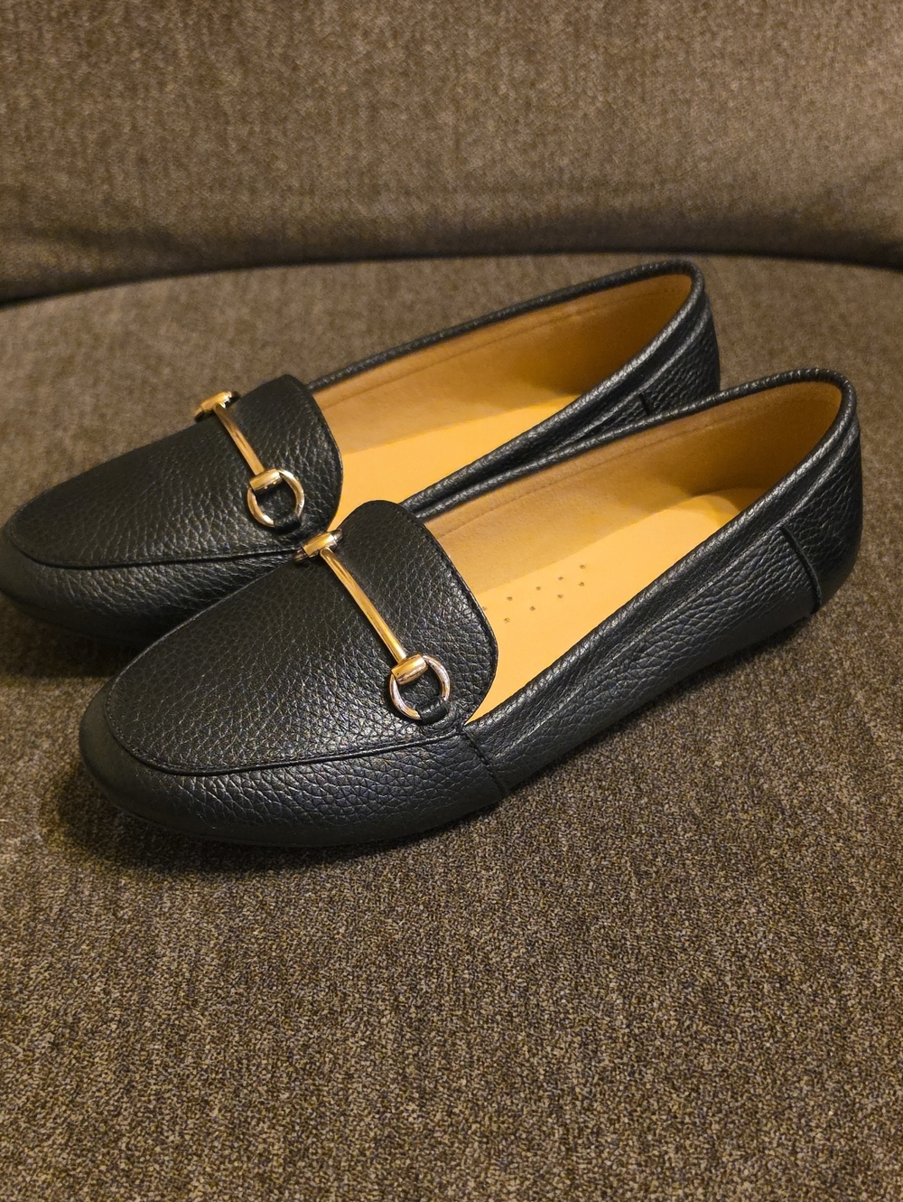 Tigish Black Leather Women's Loafers with Gold Bit Accent